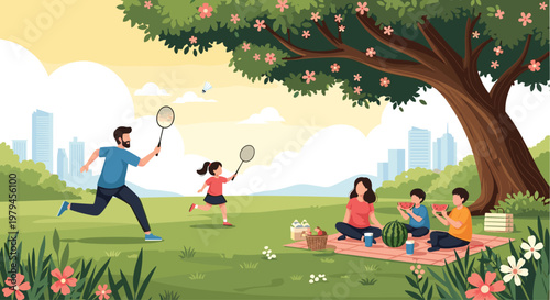 Happy family having a picnic in a beautiful green park while some play badminton and others eat watermelon together.