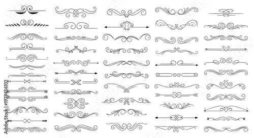Large set of various elegant decorative line dividers and flourish ornaments for book design and wedding invitations.