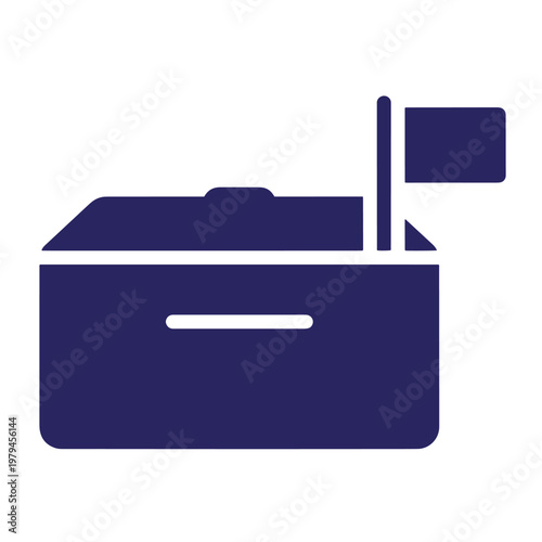 Dark blue flat of a traditional mailbox with a raised flag, featuring a rectangular container and a horizontal mail slot, isolated on a white background