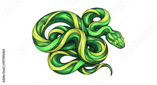 The snake coils around itself in a vibrant green and yellow illustration.
