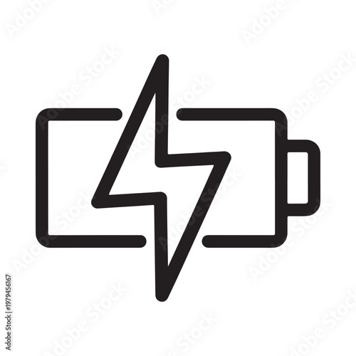 Simple black and white outline of a battery with a lightning bolt symbol