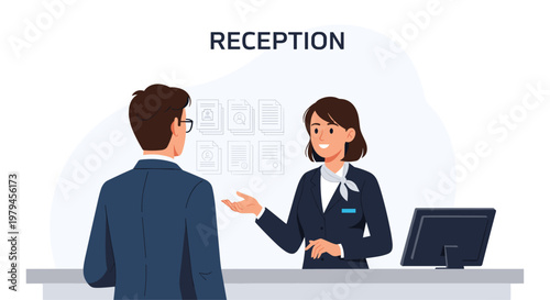 Professional female receptionist at a service desk assisting a businessman client in a modern office or hotel lobby.