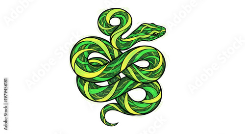 A vibrant green snake illustration twists and turns in a dynamic motion.