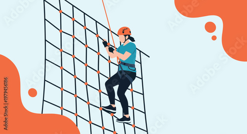 Adventurous woman wearing a helmet and harness climbing a rope cargo net at an outdoor fitness or obstacle course park.