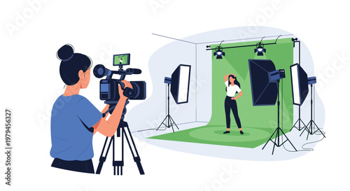 Camera operator filming a model in a professional studio setup with lights a tripod and a green screen background.