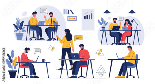 Diverse professionals working in a modern coworking office space at desks with laptops and discussing projects together.