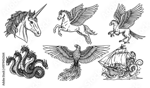 Mythical Creatures Line Art Set Unicorn Pegasus Griffin Hydra Phoenix Kraken Vector