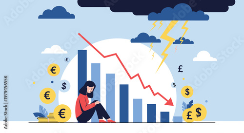 Sad woman sitting by a falling business chart under storm clouds representing financial crisis and economic loss.