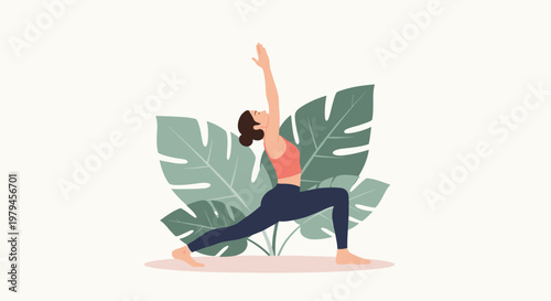 Young woman practicing warrior yoga pose in a peaceful environment with large green monstera leaves background.