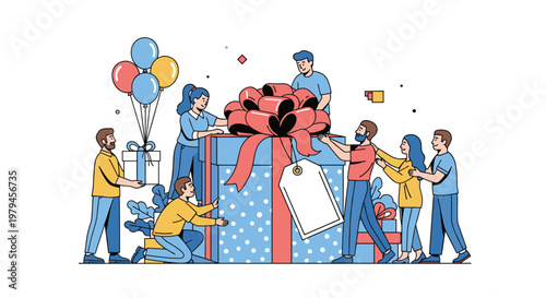 Creative team of diverse people working together to prepare a massive blue gift box with a red ribbon and tag.
