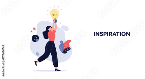 Energetic woman running with a giant glowing light bulb to symbolize finding a brilliant new idea or inspiration.