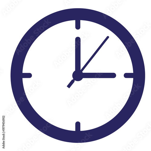 Dark blue minimalist clock with a circular frame, hour and minute hands pointing to three o'clock, and a diagonal second hand, isolated on a white background