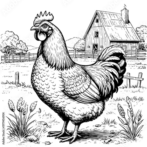 A chicken in the grass, trees and a hut, a simple linear drawing, a sketch. Vector illustration. Poultry on the farm, highlighted on a white background.