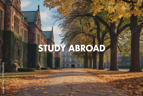 A serene university campus pathway lined with trees and historic buildings on a sunny autumn day, perfect for study abroad programs.