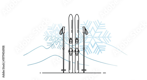 Outline illustration of winter sports equipment featuring skis and poles with mountains and snowflakes backdrop.