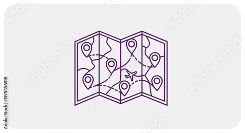 Folded paper travel map with location markers and a flight path icon for planning a vacation or a business trip.