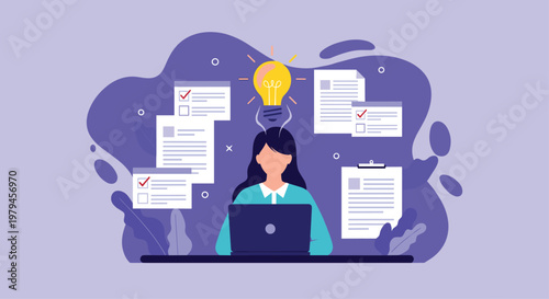 Focused woman working on a laptop computer with a glowing light bulb representing a creative solution or new idea.