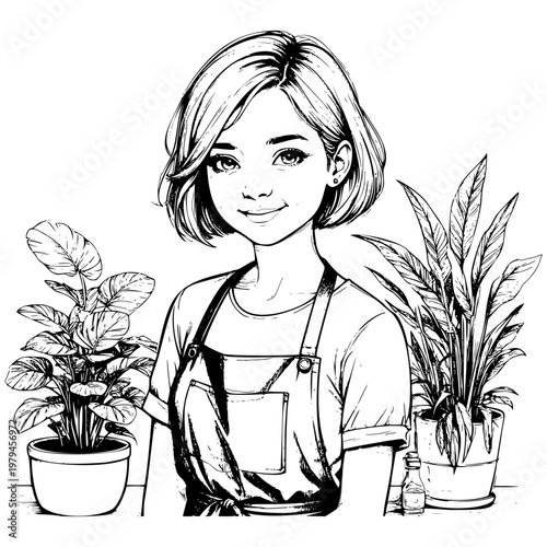 A girl in the garden takes care of flowers, black and white sketch. Vector illustration. House plants in pots. Theme of gardening, spring, work in the greenhouse