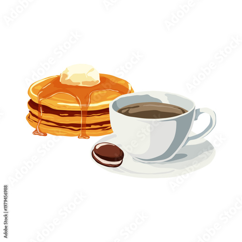 Pancakes with syrup and butter, a cup of coffee, and chocolate chip cookies. Vector illustration. Festive baked goods, isolated on a white background. Theme delicious breakfasts, and coffee shops. Not