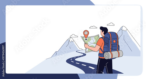 Backpacker standing on a winding mountain road while checking a paper map for navigation during a hiking adventure.