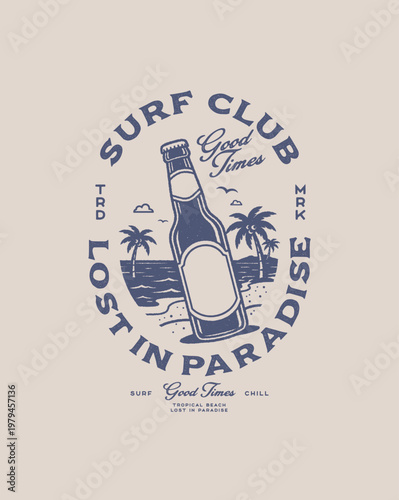 Vintage Beer Bottle Illustration with Tropical Beach Scene.