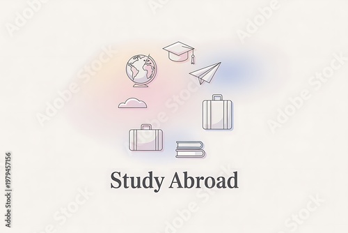 A graphic illustration of study abroad concepts with icons and text on a white background