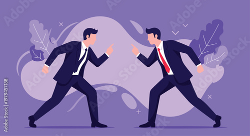 Two angry businessmen in formal suits pointing fingers at each other during a loud argument or workplace conflict.