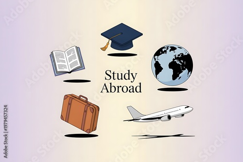 A graphic illustration of study abroad concept with icons of book, graduation cap, globe, suitcase, and airplane.