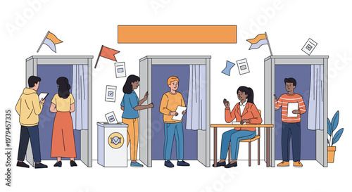 Citizens participating in a democratic election by casting their ballots in private booths at a polling station.