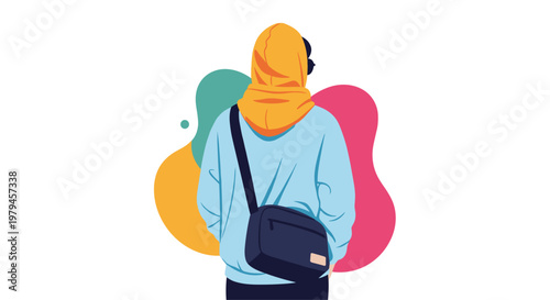Rear view of a person wearing a light blue hoodie and messenger bag against a vibrant abstract color background.