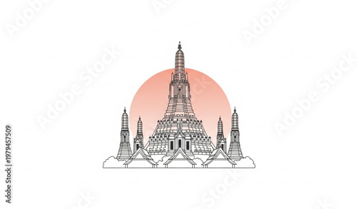 Minimal line art Wat Arun temple vector Bangkok Thailand landmark with sunset accent isolated on white