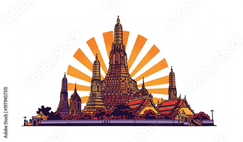 Colorful Wat Arun sunset vector Bangkok Thailand iconic temple in vibrant style isolated on white background