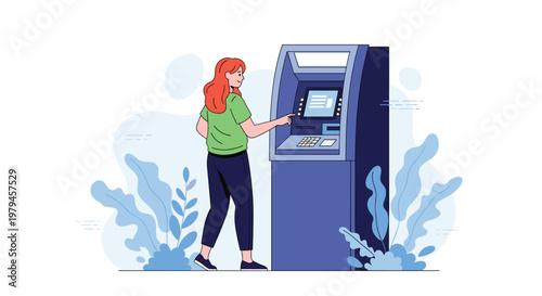 Young woman using an automated teller machine in a park setting to perform a banking transaction or withdraw.