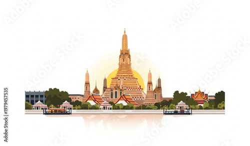 Wat Arun sunset vector illustration Bangkok Thailand iconic temple in golden light flat design isolated on white background