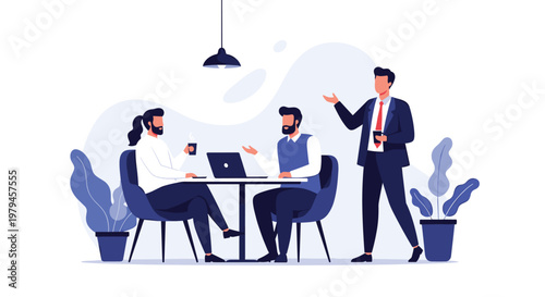 Three business professionals having an informal meeting in a cafe with coffee and a laptop for collaboration.