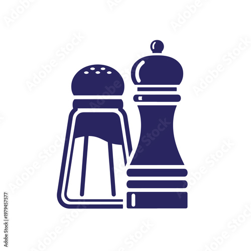 Dark blue silhouette of a glass salt shaker with holes and a wooden pepper grinder, kitchen seasoning set for food preparation and dining table, flat on white background