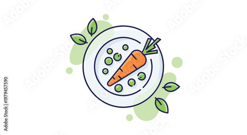 Healthy meal concept features a minimalist illustration of a fresh carrot and green peas served on a simple white plate.