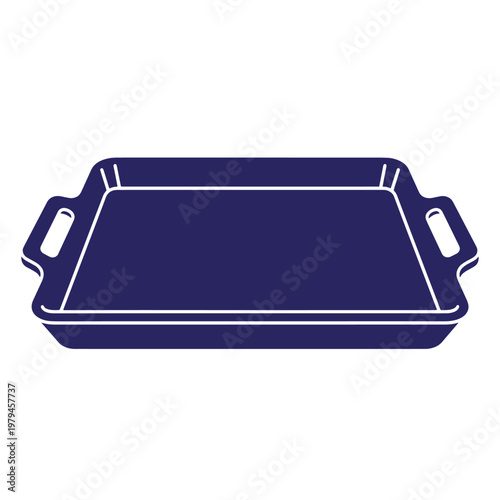Dark blue silhouette of a rectangular baking dish with side handles, isolated on a white background, flat of a kitchen roasting pan