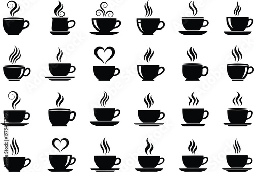 A collection of twenty-four black silhouette icons of steaming coffee cups on white background