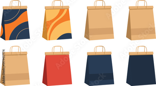 Assorted paper shopping bags in various colors and patterns for retail and e-commerce