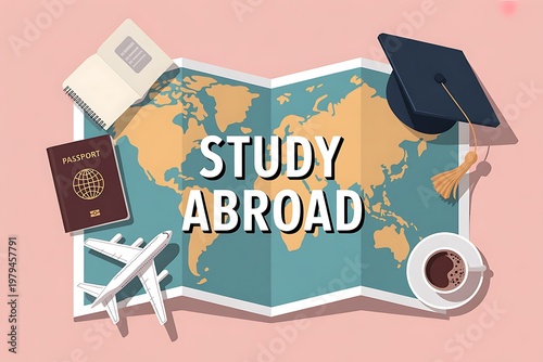 An illustration of a map, passport, and graduation cap representing study abroad programs