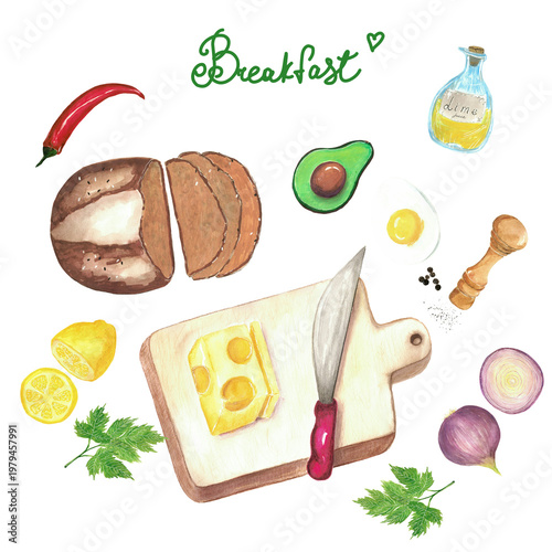 Watercolor clipart set for breakfast or appetizer menu with bread, cheese on a board, avocado, egg, chili and spices, hand-painted food illustrations isolated witn handdrawing  word 