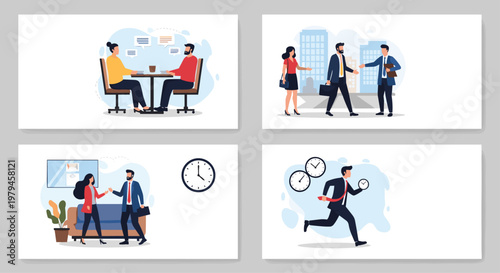 Business management scenes collection includes professional meetings, time management, and office communication.