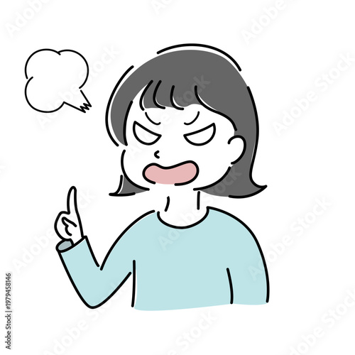 怒る女性 指差し シンプル イラスト 注意 クレーム NG 表情 吹き出し 人物 ベクター / Angry woman pointing simple illustration warning claim character vector