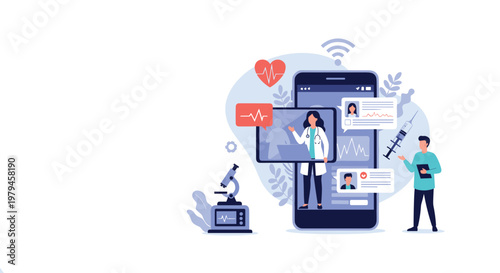 Telemedicine concept shows a doctor providing a virtual consultation to a patient through a large smartphone screen.