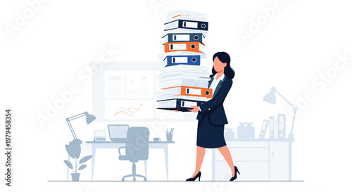 Stressed office worker carries an incredibly tall stack of folders while walking through a busy corporate workspace.