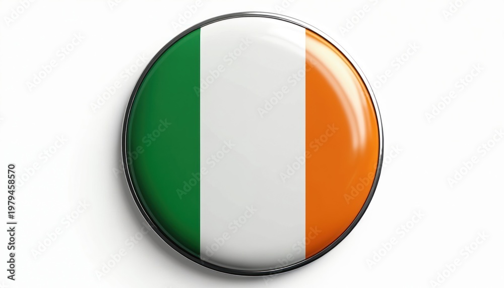 Fototapeta premium Glossy round badge with Irish flag colors green white and orange. Isolated metallic emblem represents Irish nation identity and patriotism. Circular symbol.