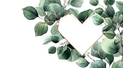 Watercolor eucalyptus leaves with geometric heart shape frame on white background