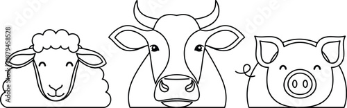 Cute farm animals line art set, sheep cow and pig illustration cad drawing flat vector isolated livestock design