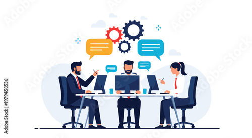 Corporate team members work diligently at their desks while brainstorming with colorful speech bubbles and gears.